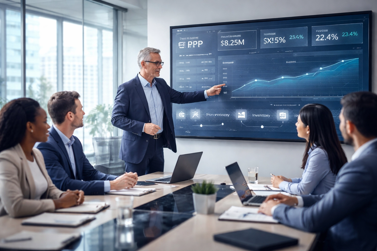 Finance team in a boardroom analyzing a real-time ERP dashboard for KPI measurement and business clarity