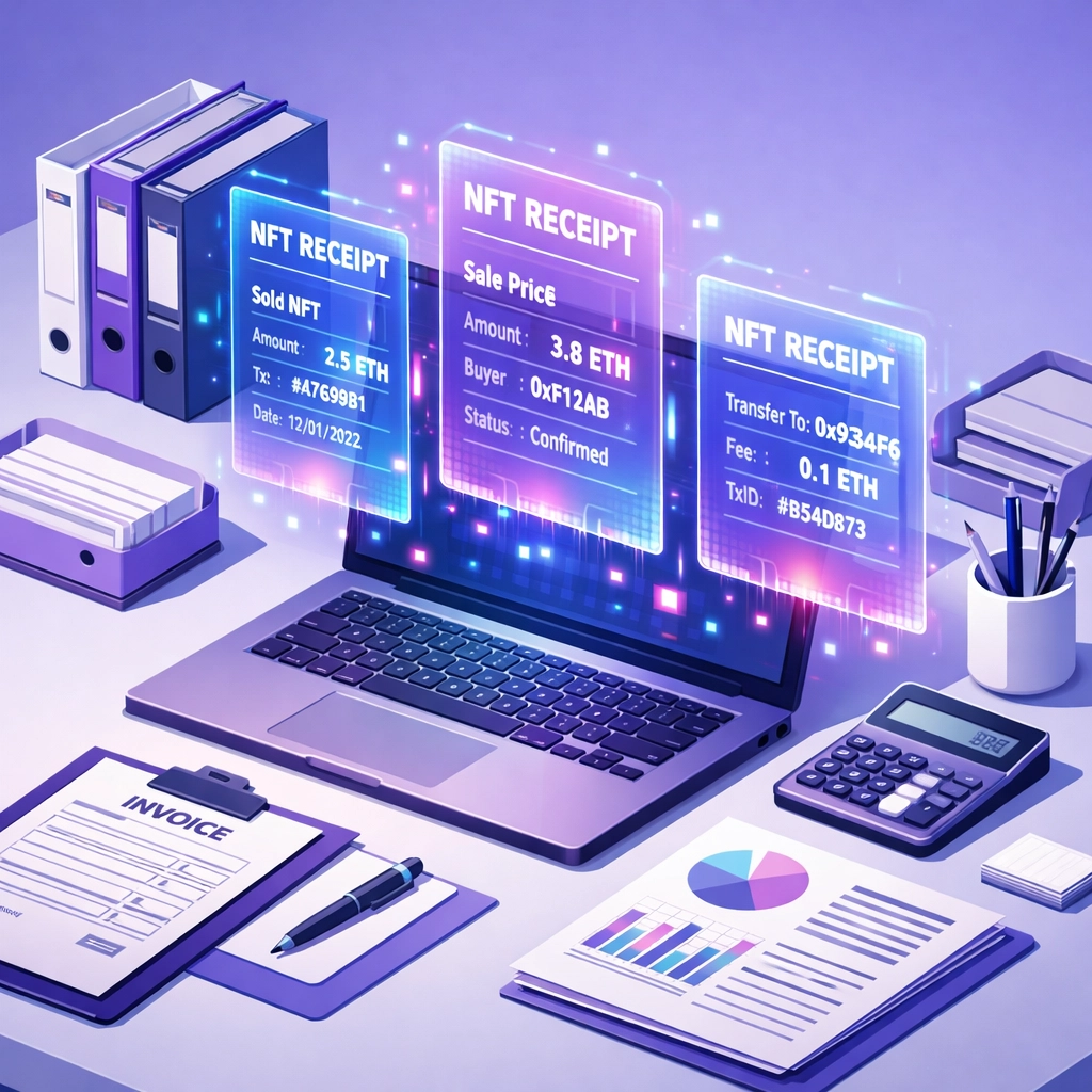 NFT receipts displayed on laptop for automated accounting and blockchain transaction records