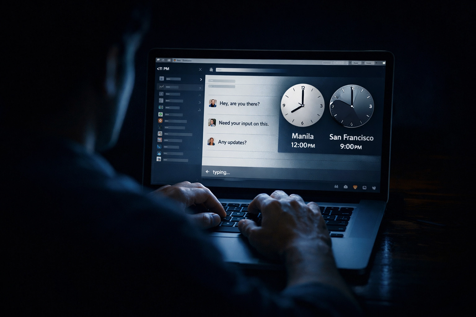 Remote SDR time zone management showing midnight Slack messages and conflicting work schedules