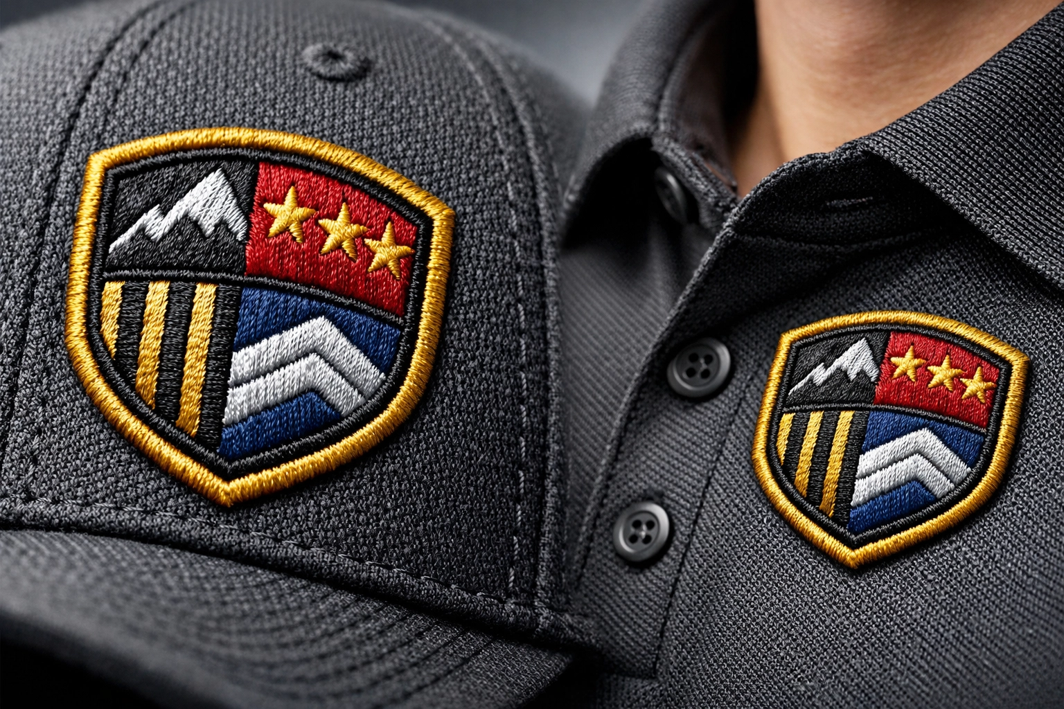 Close-up of high-quality custom embroidery on a professional polo shirt and branded baseball cap.