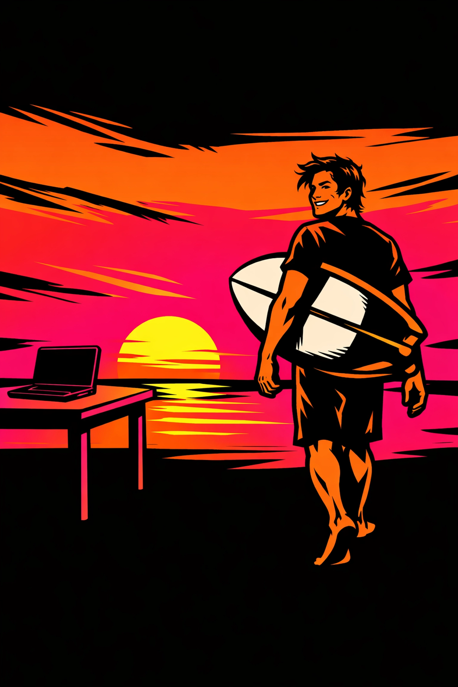 Entrepreneur going surfing after AI business automation handles their daily workload.