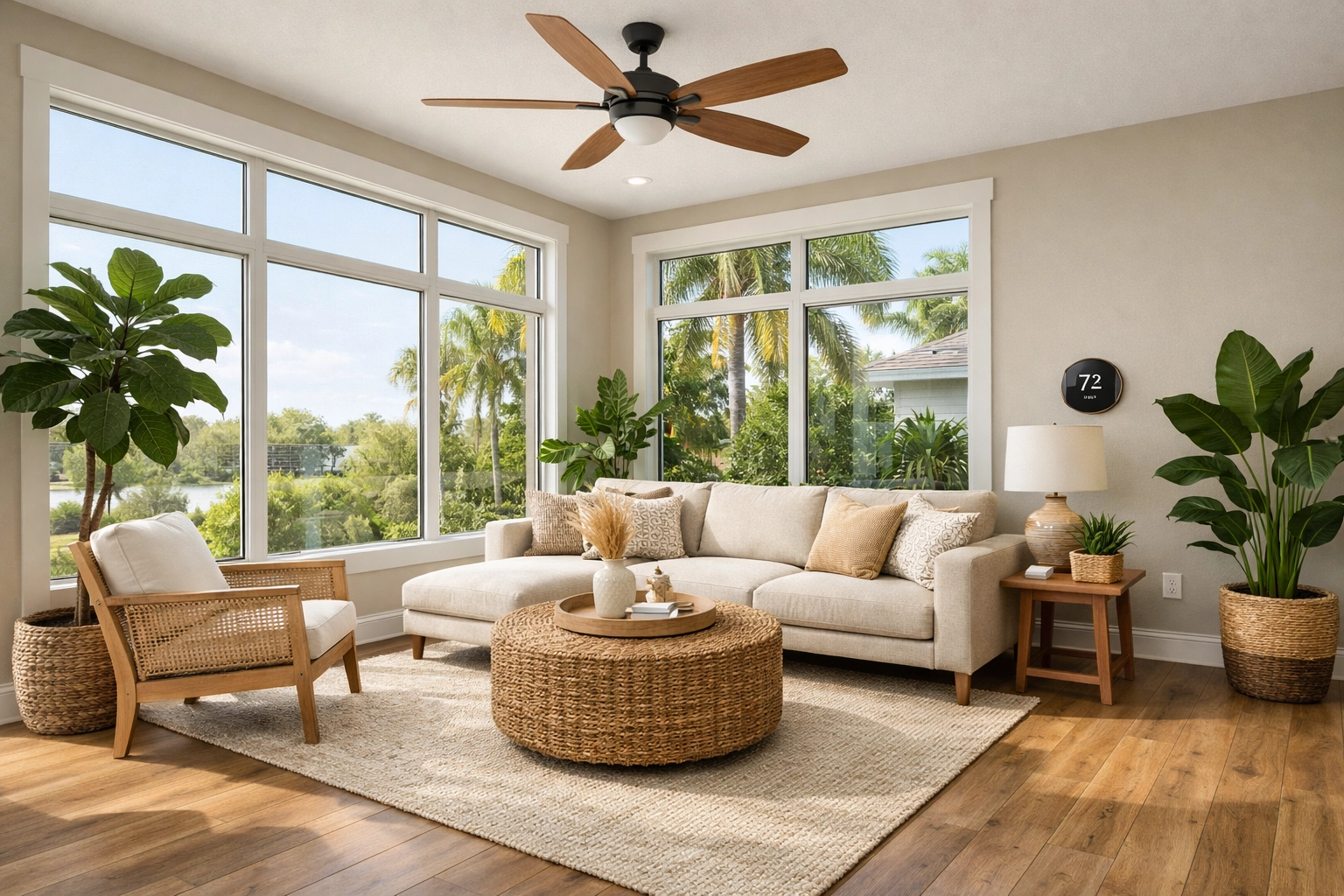 Energy-efficient Orlando living room with natural light and smart home features