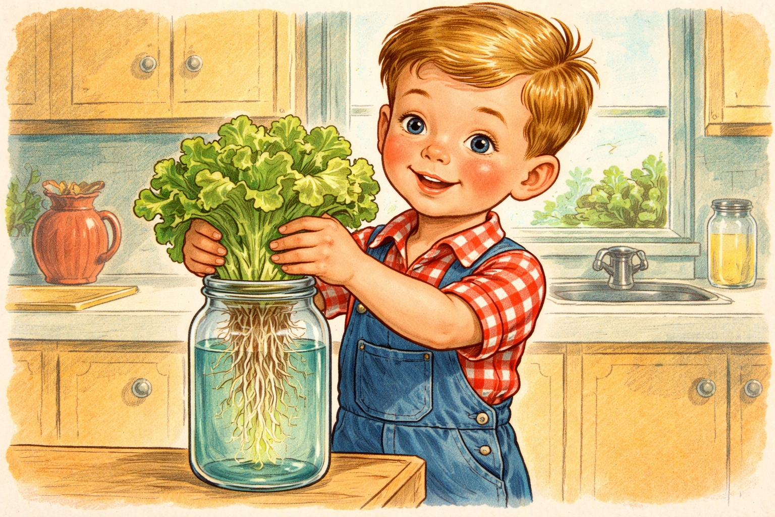 Child holding lettuce with roots over a jar, demonstrating kids' hydroponics on a sunny kitchen windowsill
