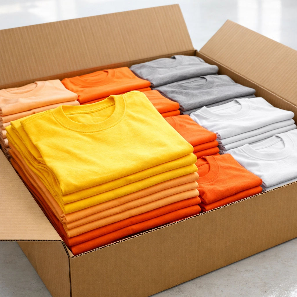 A bulk order of vibrant, folded summer camp t-shirts in a shipping box ready for fast delivery.