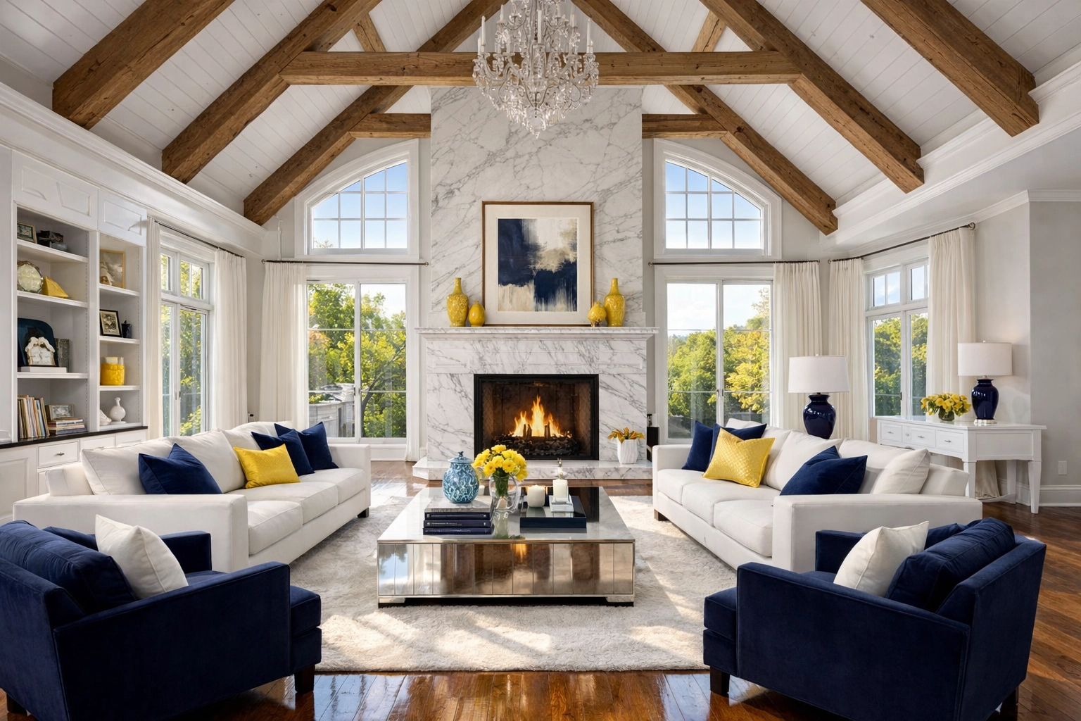 Sunlit Dover estate living room with polished marble floors, showcasing expert luxury cleaning in Dover.