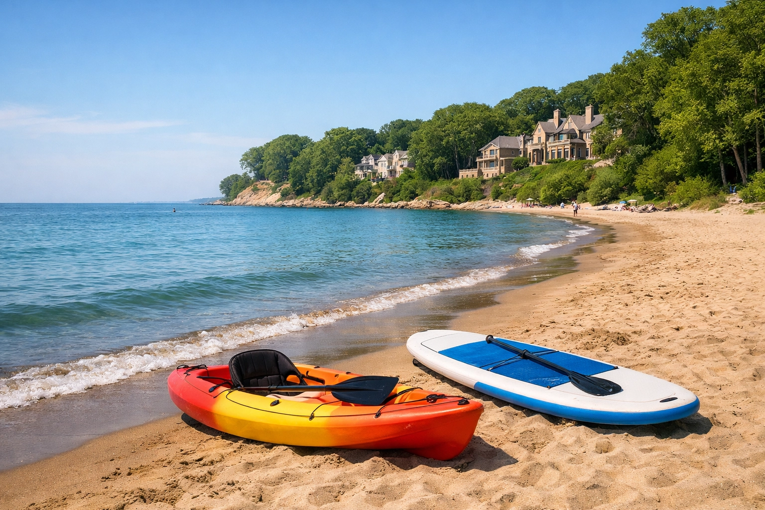 Scenic Lake Michigan beach in North Shore Chicago with kayaks and luxury lakefront homes.