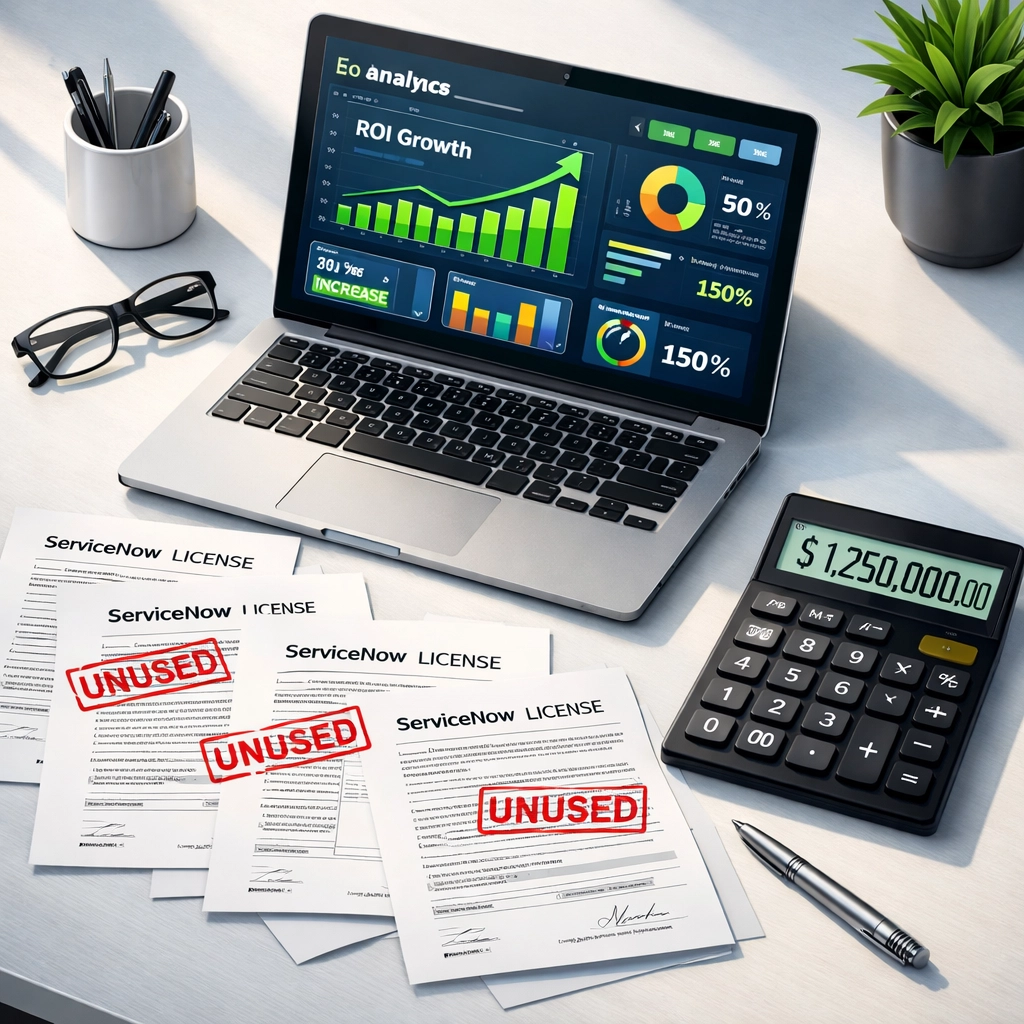ServiceNow ITOM ROI dashboard showing unused licenses and wasted investment costs