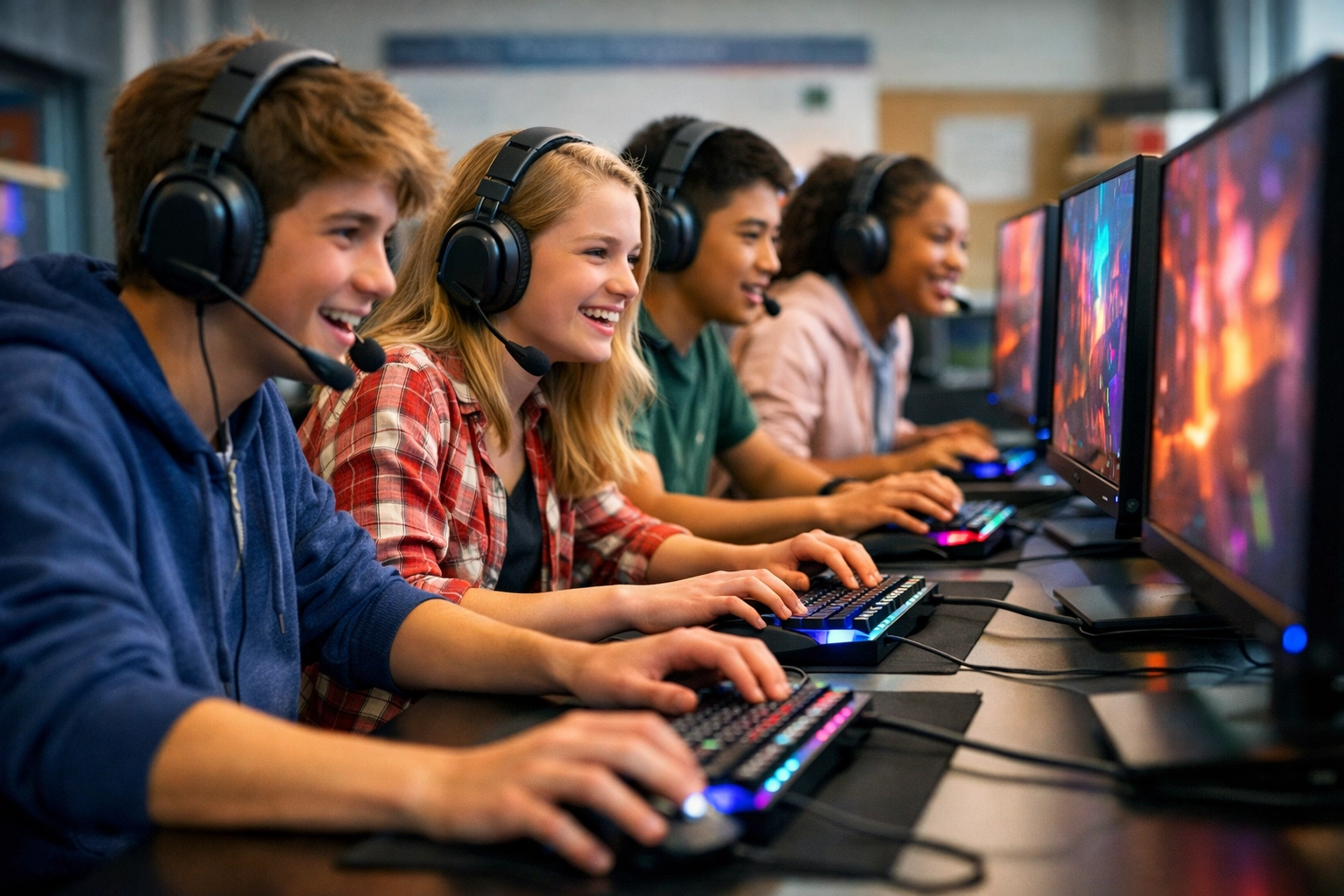 High school students engaged in educational esports gaming with sponsor-branded equipment