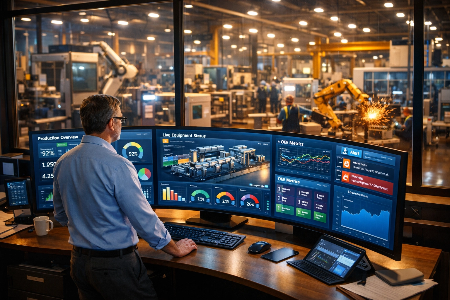 Manufacturing leader monitoring digital dashboards and factory floor operations