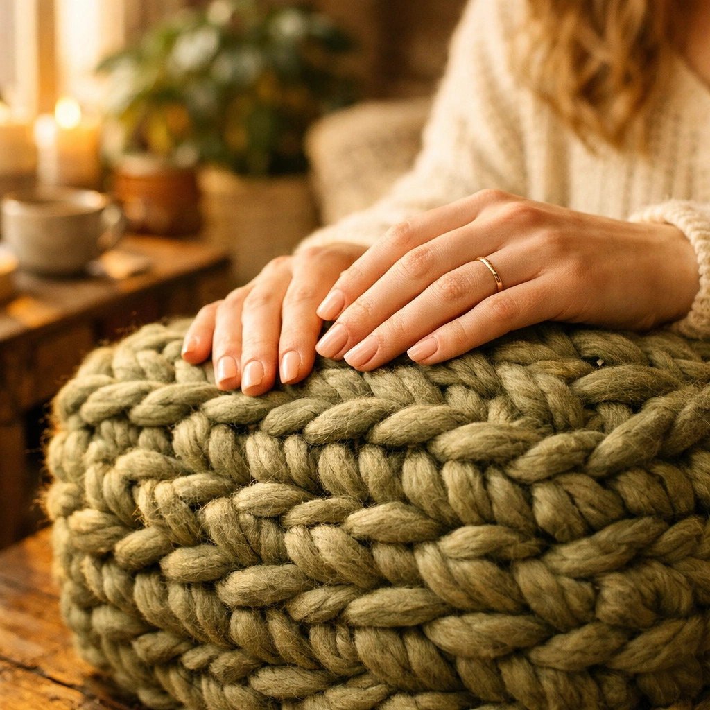 Hands resting on a handcrafted green woven basket, perfect for mindful slow living decor.