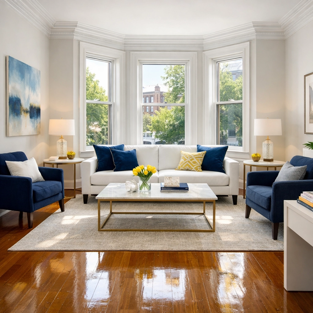 Spotless living room in a Cambridge brownstone showing high-quality move-out cleaning results.