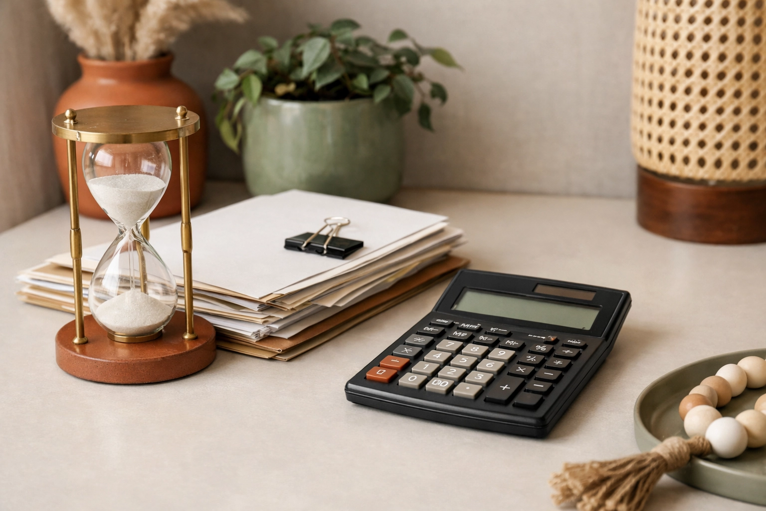Calculator, hourglass, and paperwork illustrating the timing of a child support modification in Virginia in a boho-inspired workspace.