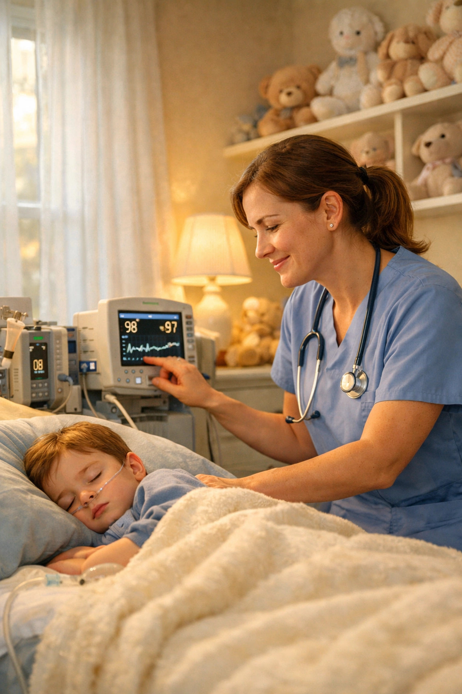 Pediatric nurse monitoring ventilator equipment for sleeping child in Georgia home