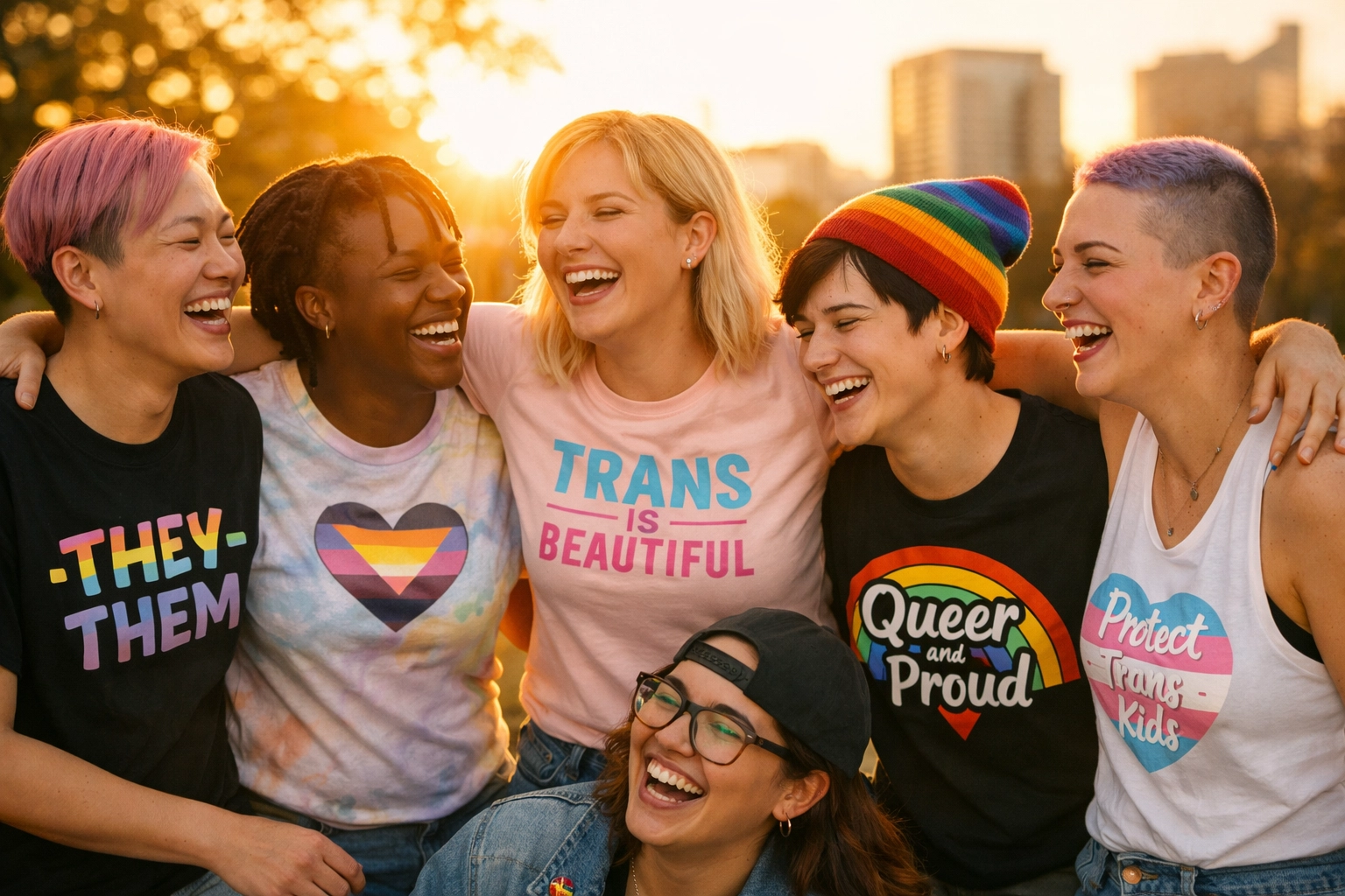 Diverse group of LGBTQ+ friends wearing custom queer merch and pride apparel in a sunny urban park.