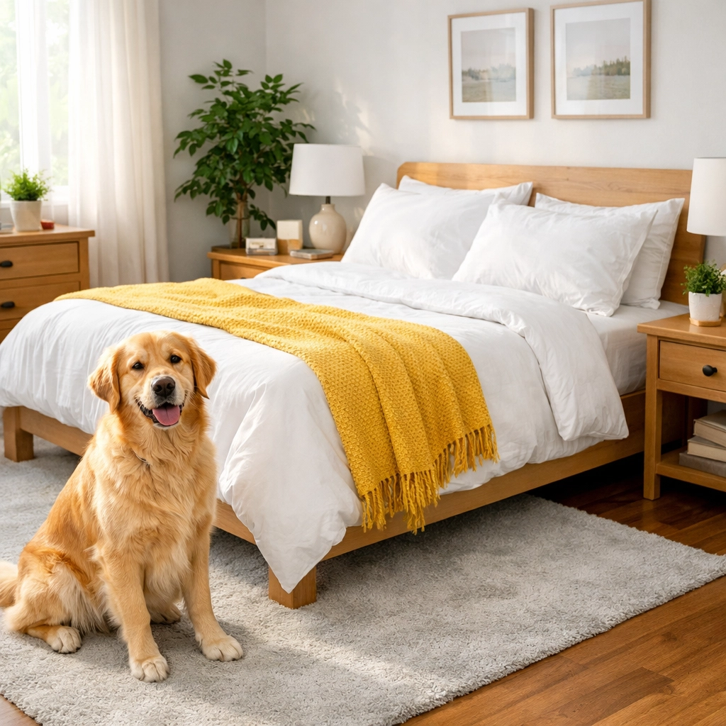 Pet-friendly bedroom in Waltham, MA, cleaned with eco-friendly supplies for a healthy, dust-free home.