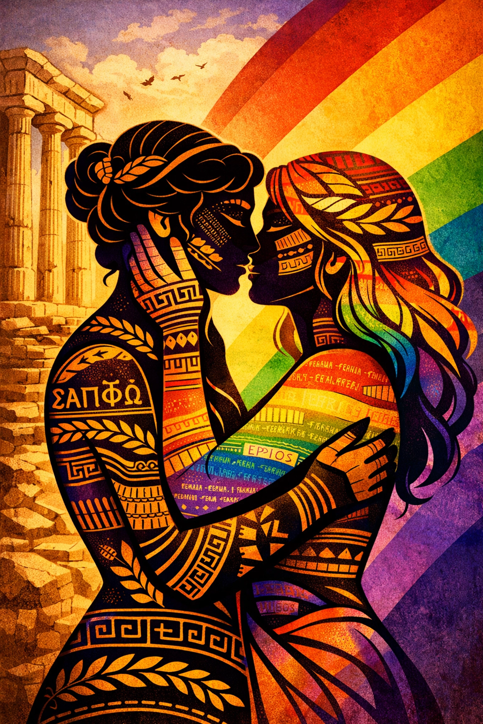 Sapphic love illustrated: two women embracing, connecting ancient Greek and modern LGBTQ+ pride