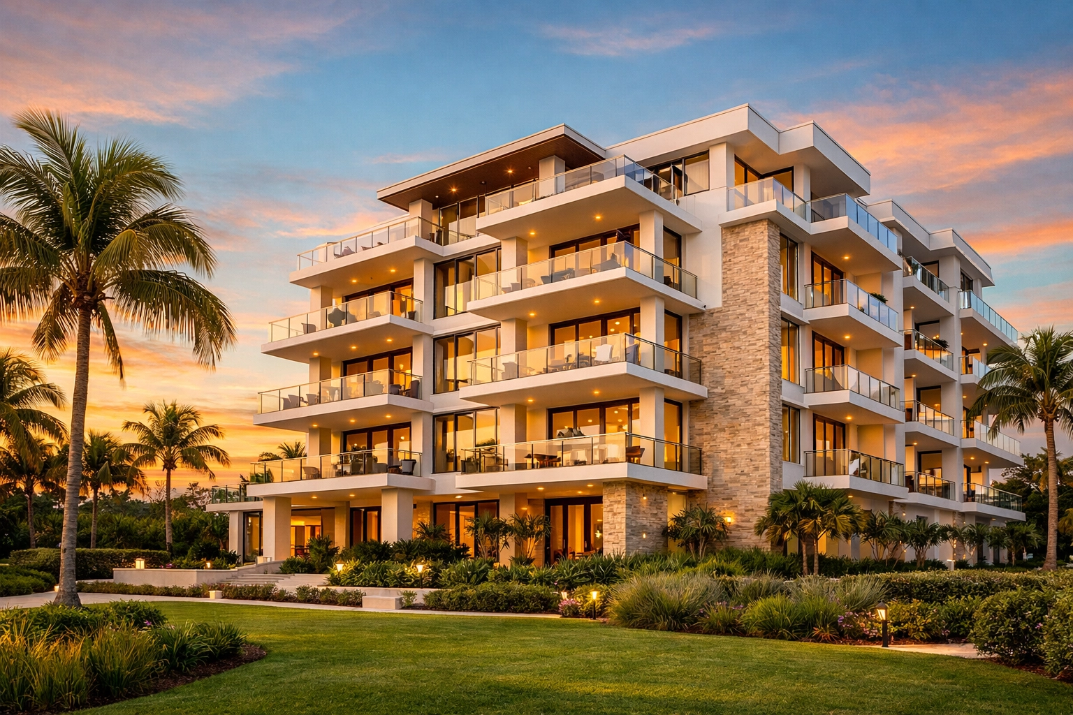 Finished luxury residential build by a professional South Florida construction company at sunset.