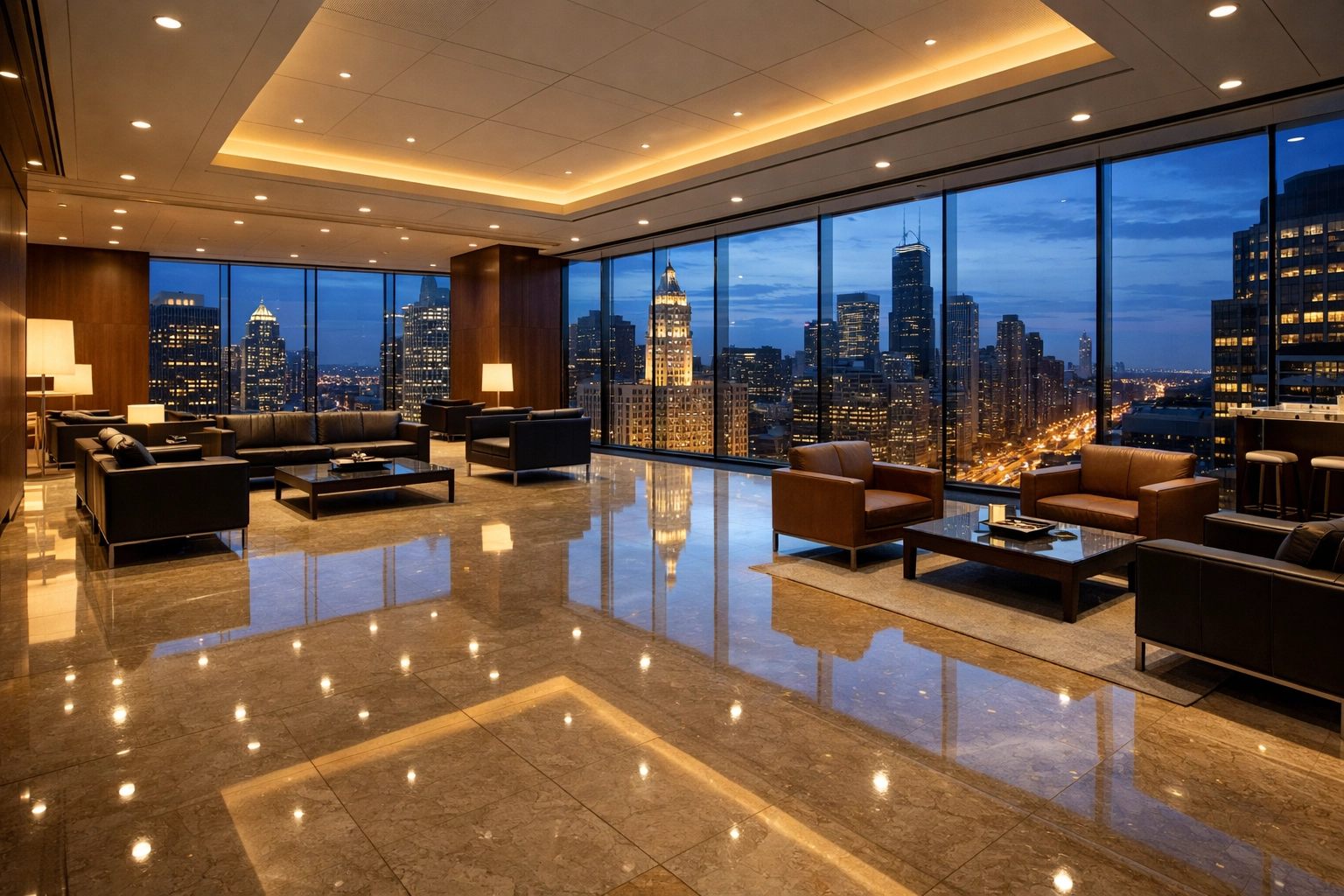 Pristine corporate lounge with polished floors in a professionally cleaned downtown Chicago office building.