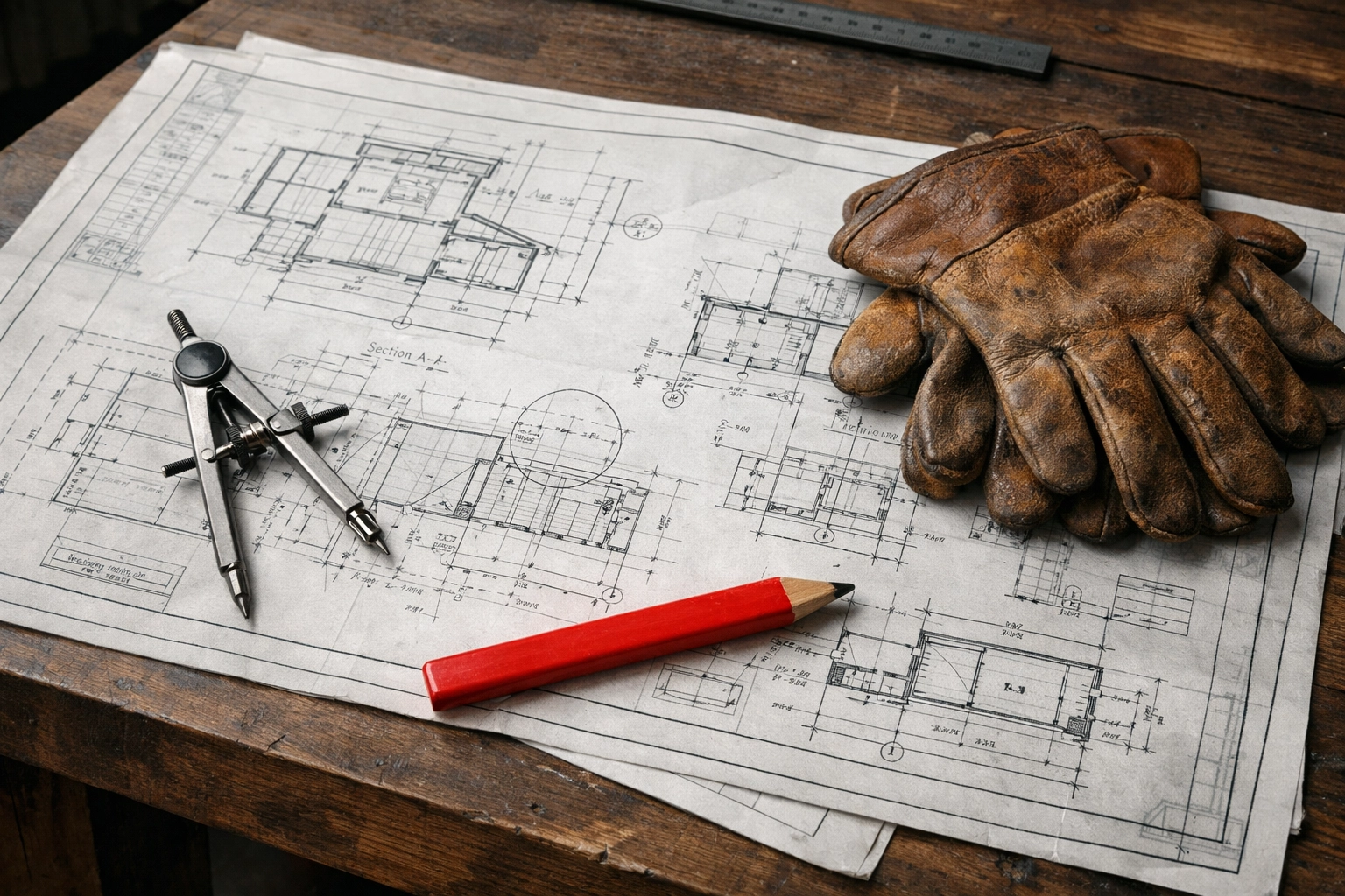 Blueprints and work gloves representing a tactical family banking strategy and retirement plan.
