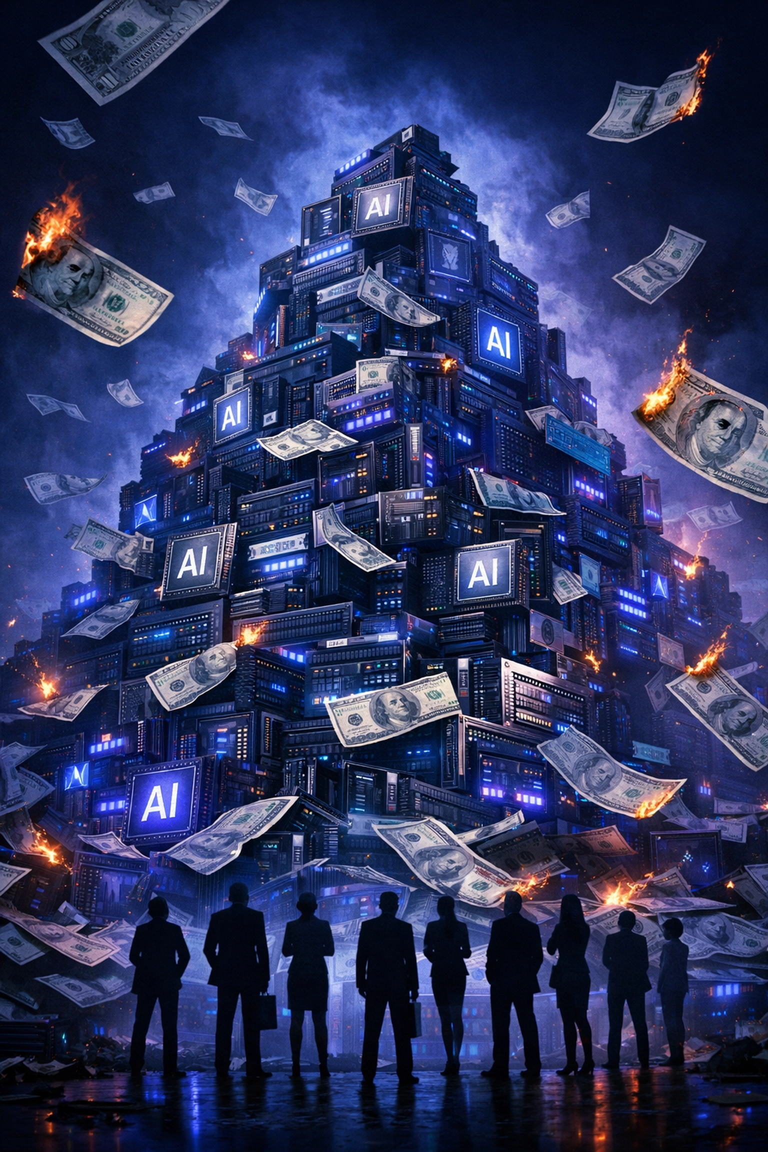 Massive pile of AI servers and computer chips surrounded by cash representing excessive tech spending