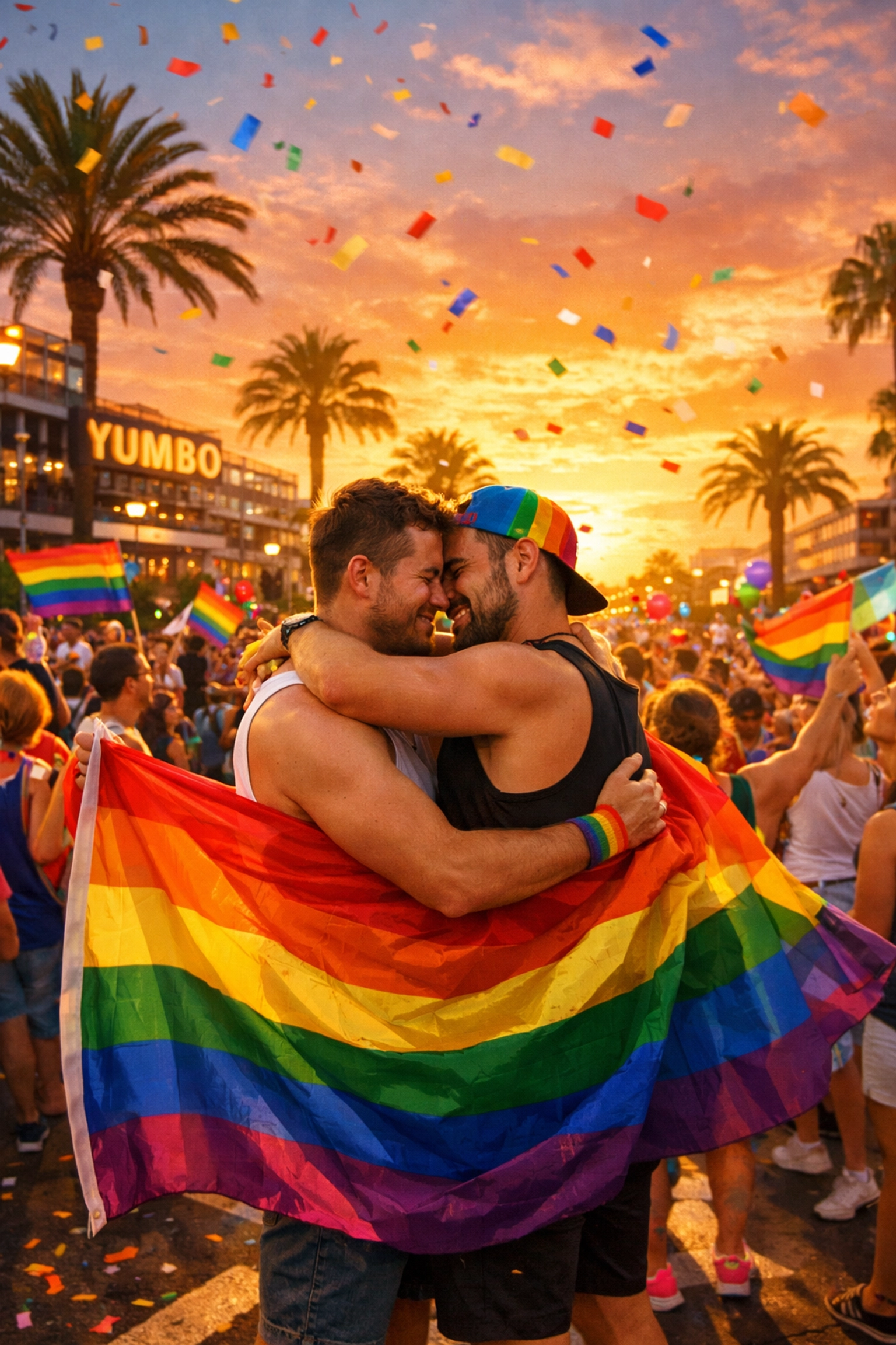 Gay couple embracing with rainbow flag at Maspalomas Pride parade