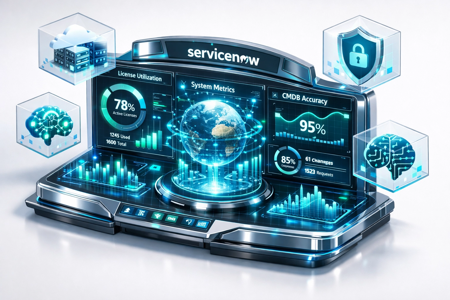 ServiceNow platform dashboard displaying license utilization metrics and CMDB accuracy data