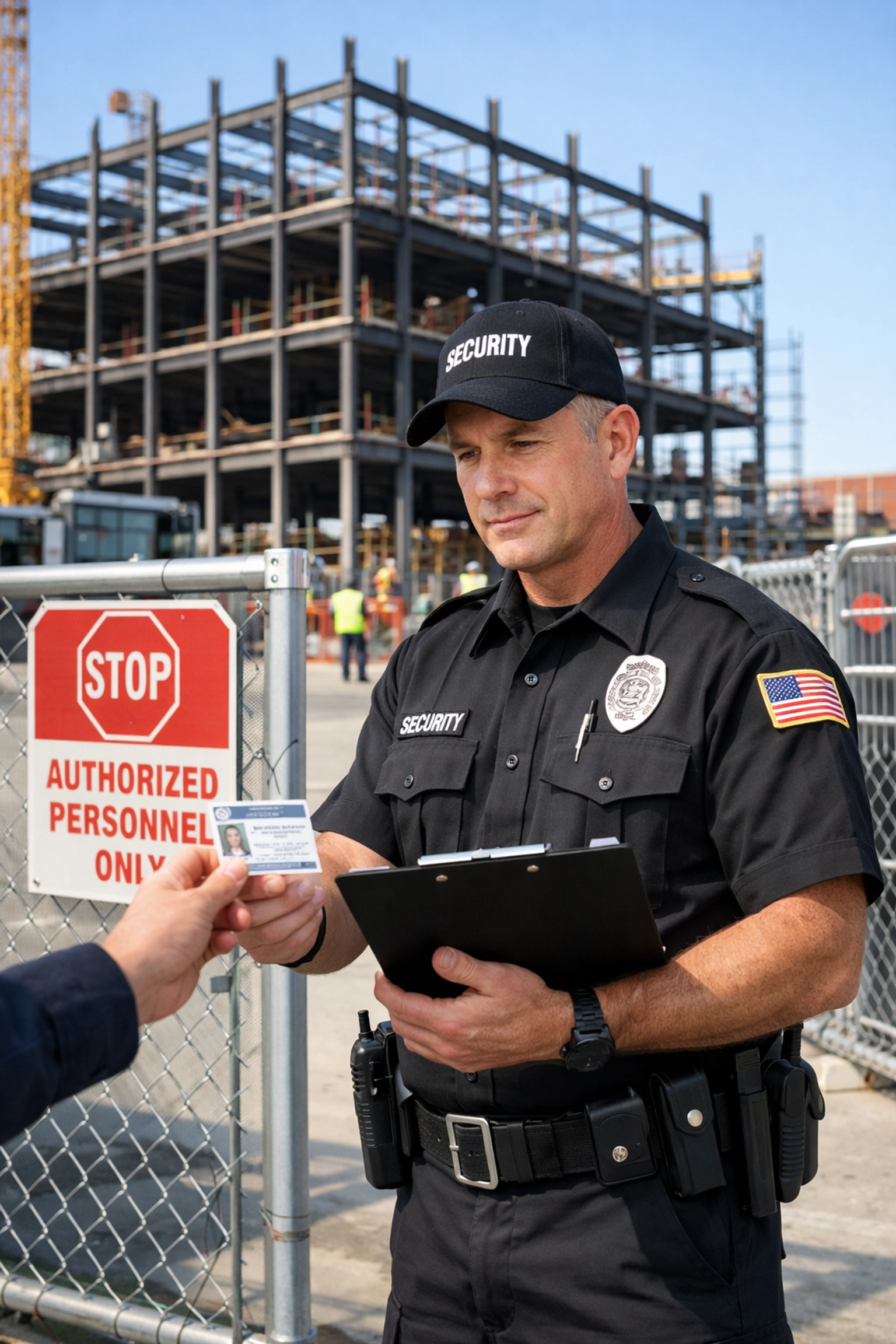 Professional security guard providing site access control and visitor verification at a UK construction project.