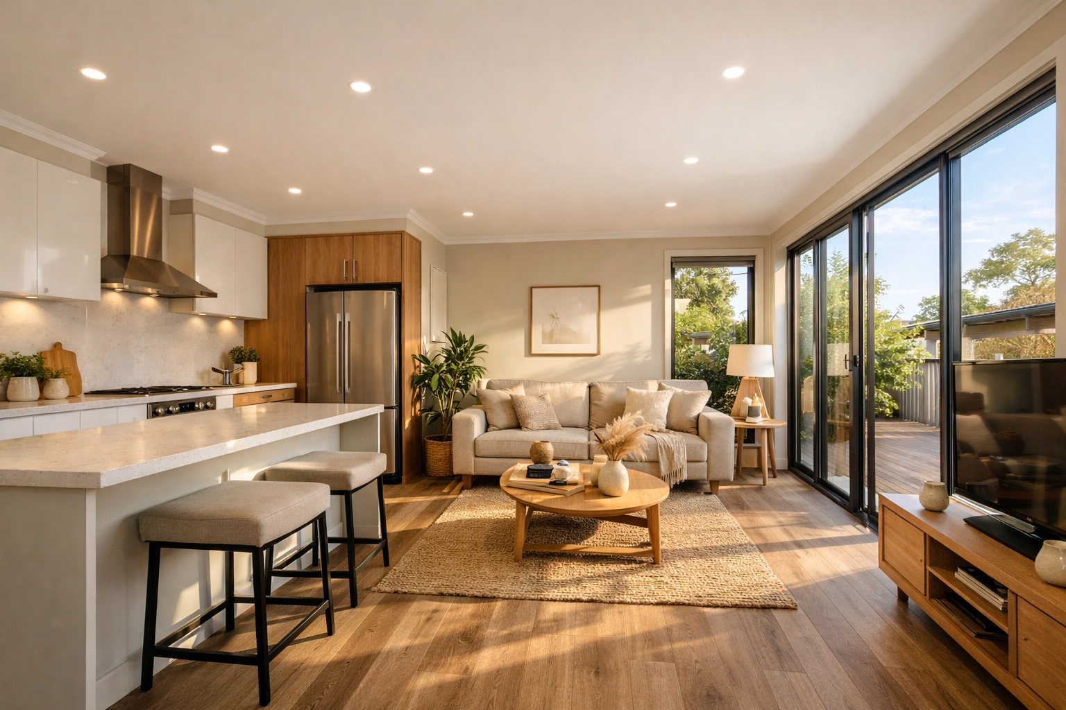 Modern modular granny flat interior with premium stone benchtops and full-height windows