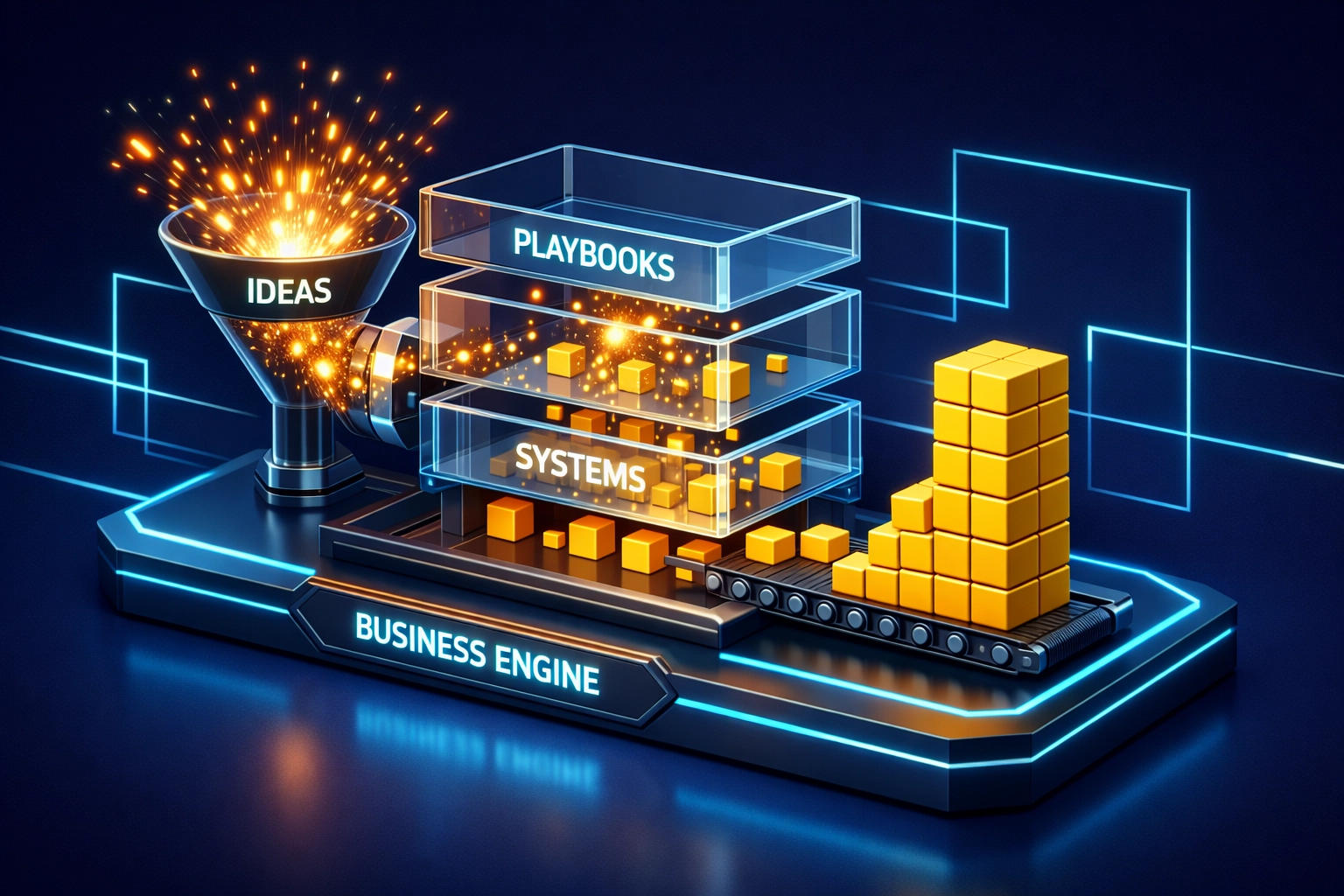 Visual representation of business ideas being organized into structured systems and playbooks.