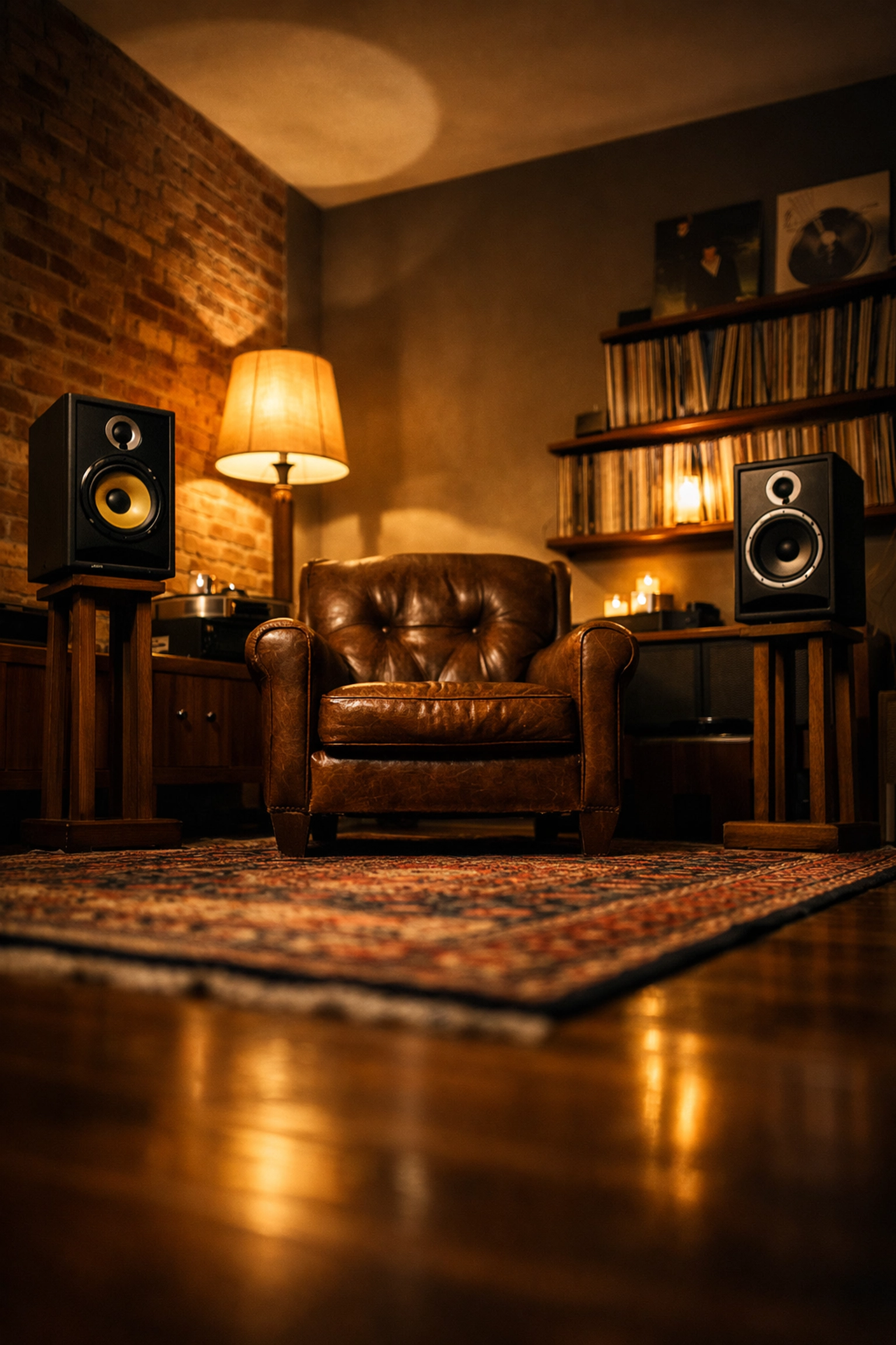 Home listening room with speakers and vinyl records arranged for optimal sound