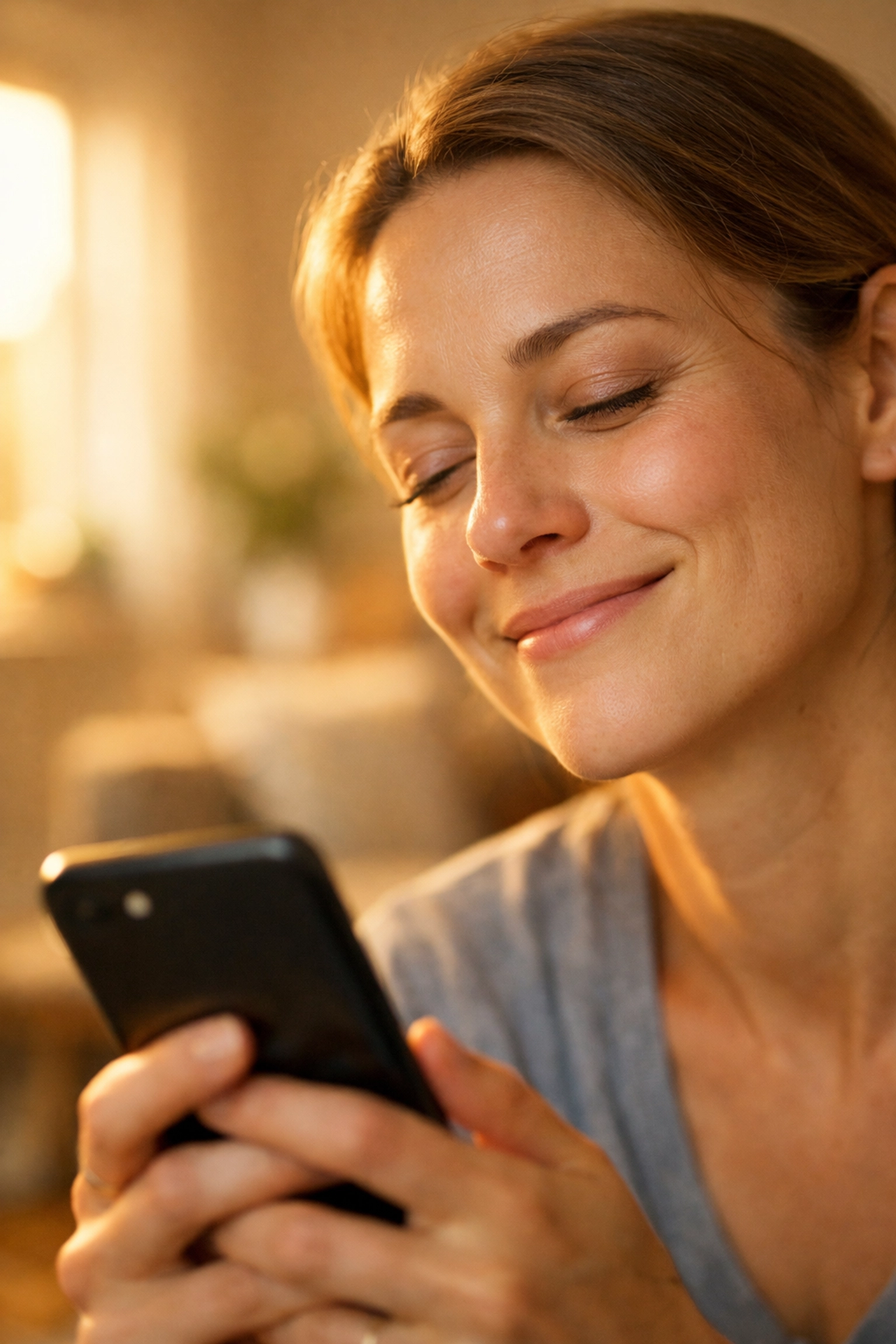 Relieved person smiling at a smartphone after securing an emergency loan canada in a sunny room.