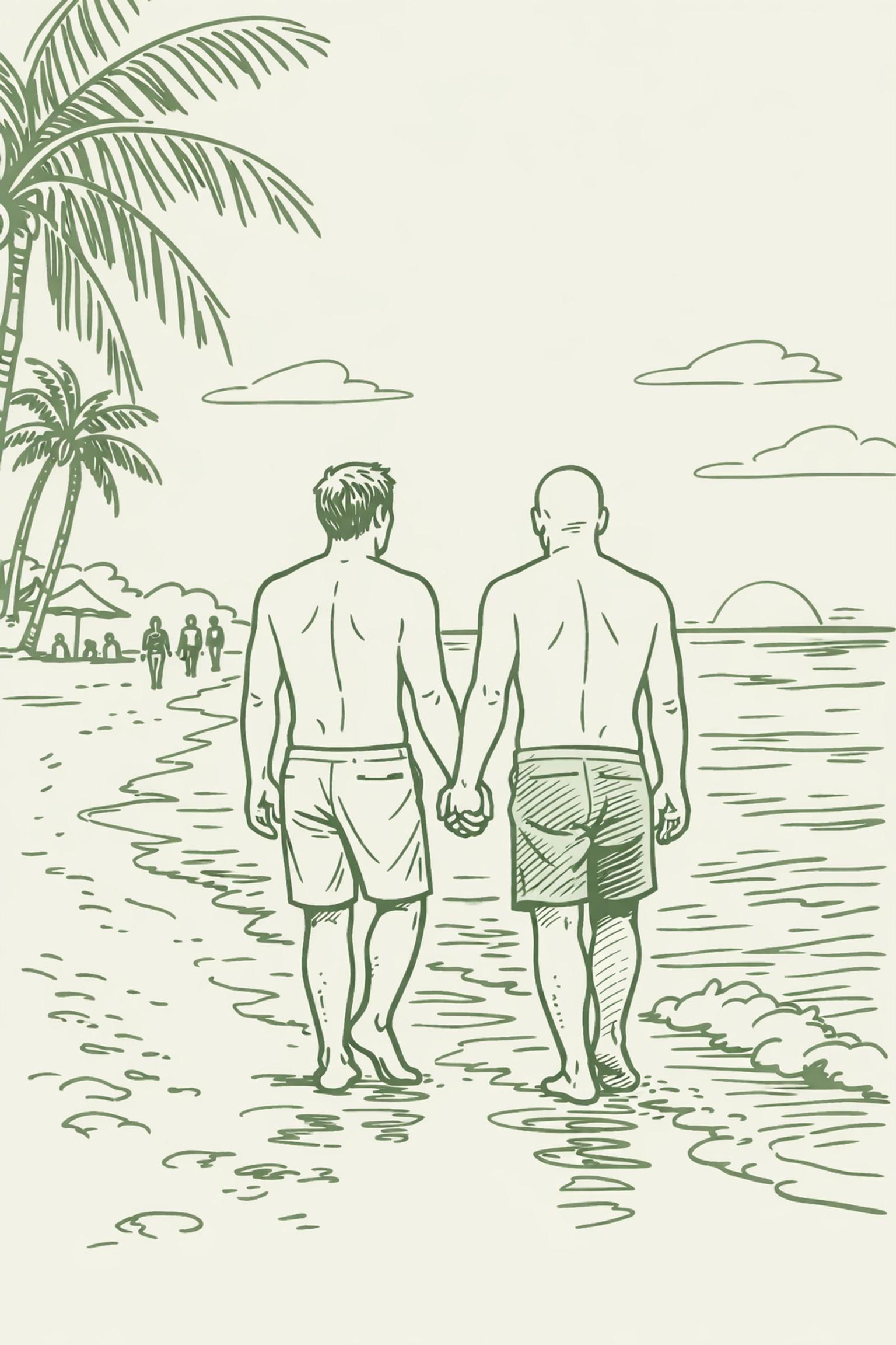 Two men walking hand-in-hand on Haulover Beach at sunset, LGBTQ+ friendly clothing-optional destination