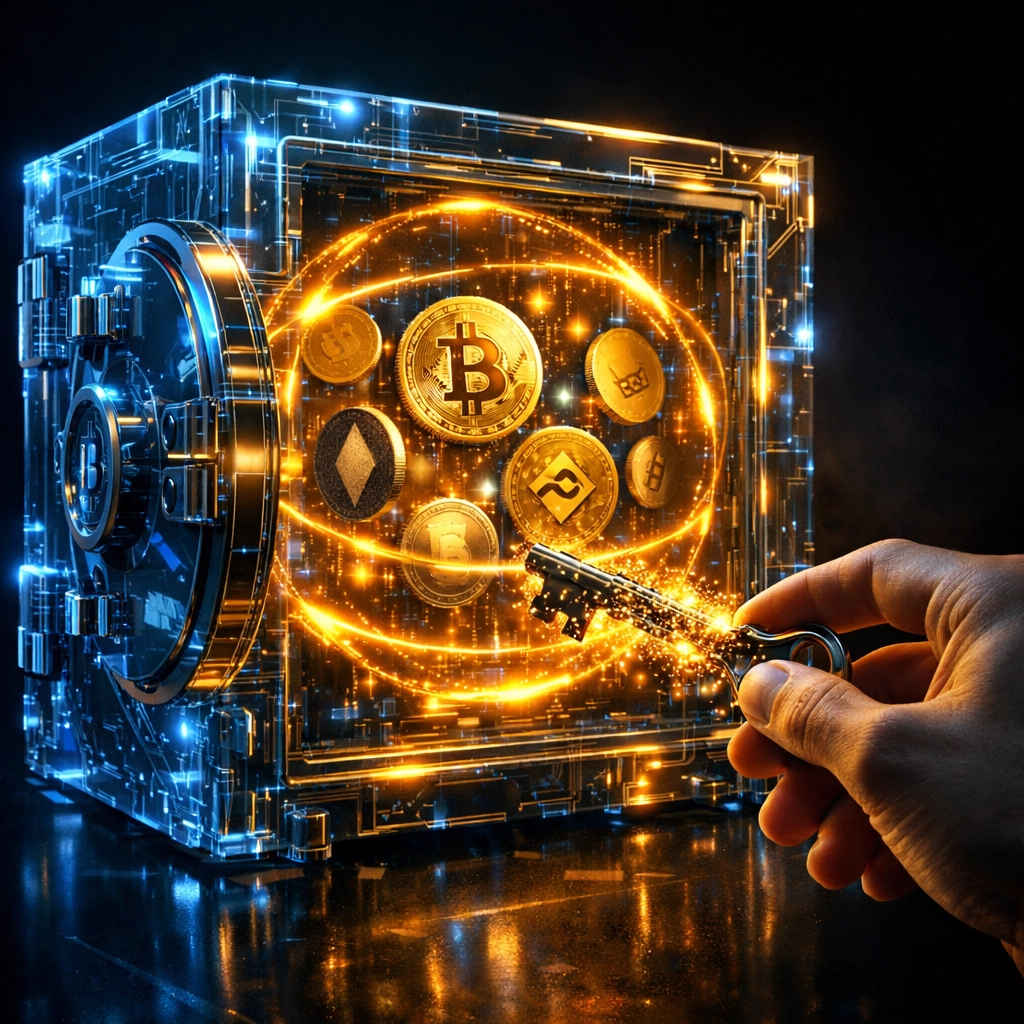 Self-custody crypto wallet with secure blockchain protection and private key ownership visualization