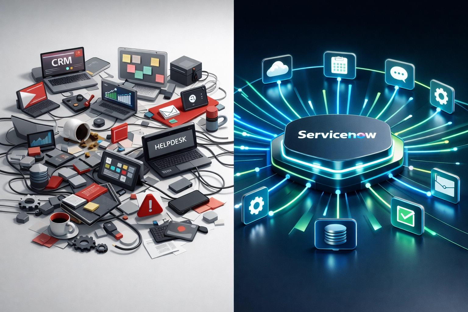 Platform fragmentation versus unified ServiceNow implementation showing integrated enterprise service management