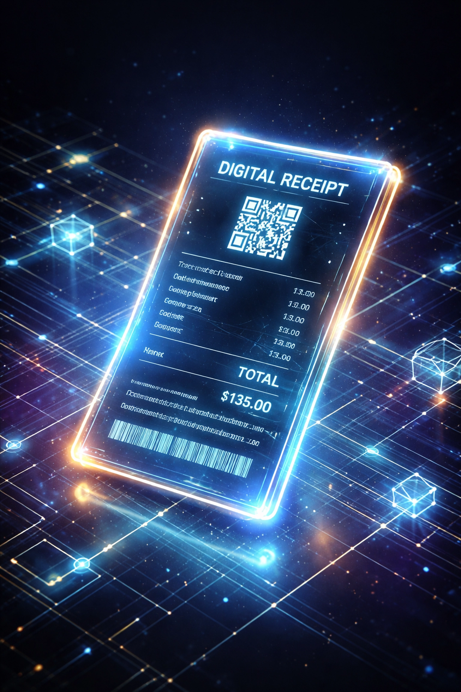 Futuristic digital NFT receipt symbolizing permanent, verifiable crypto receipts for merchant accounting in Web3 payments