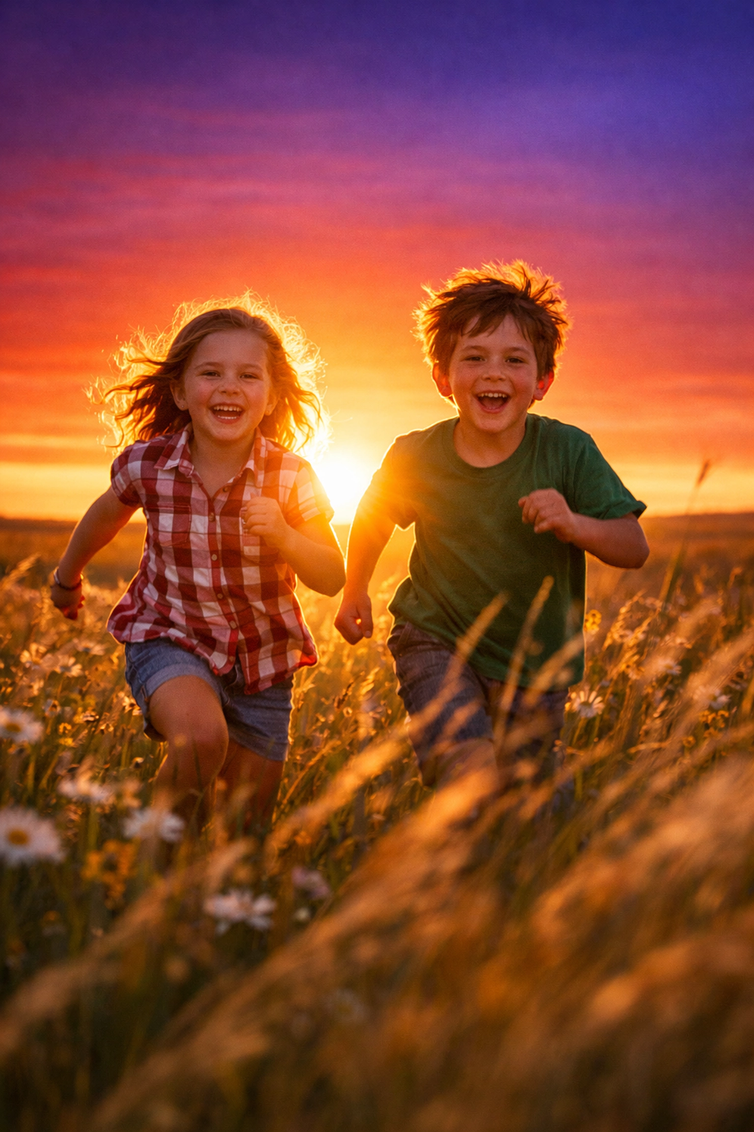 Children running through a sunset prairie, a top choice among the best photography locations.