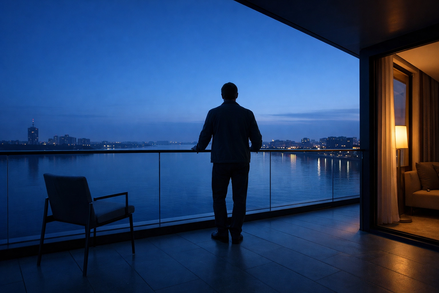 Guest on a hotel balcony overlooking a city skyline, representing the freedom of automated operations.