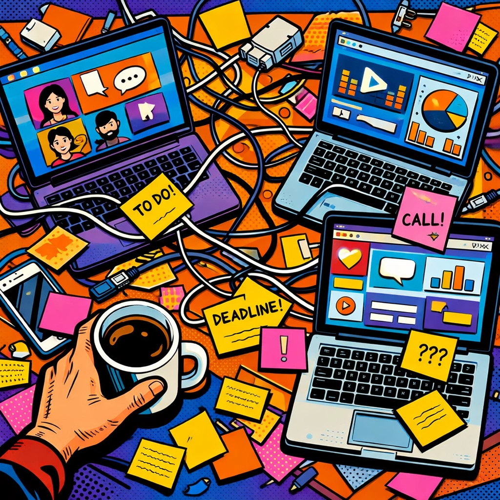 Chaotic desk with multiple overlapping apps showing SaaS sprawl problem for small businesses