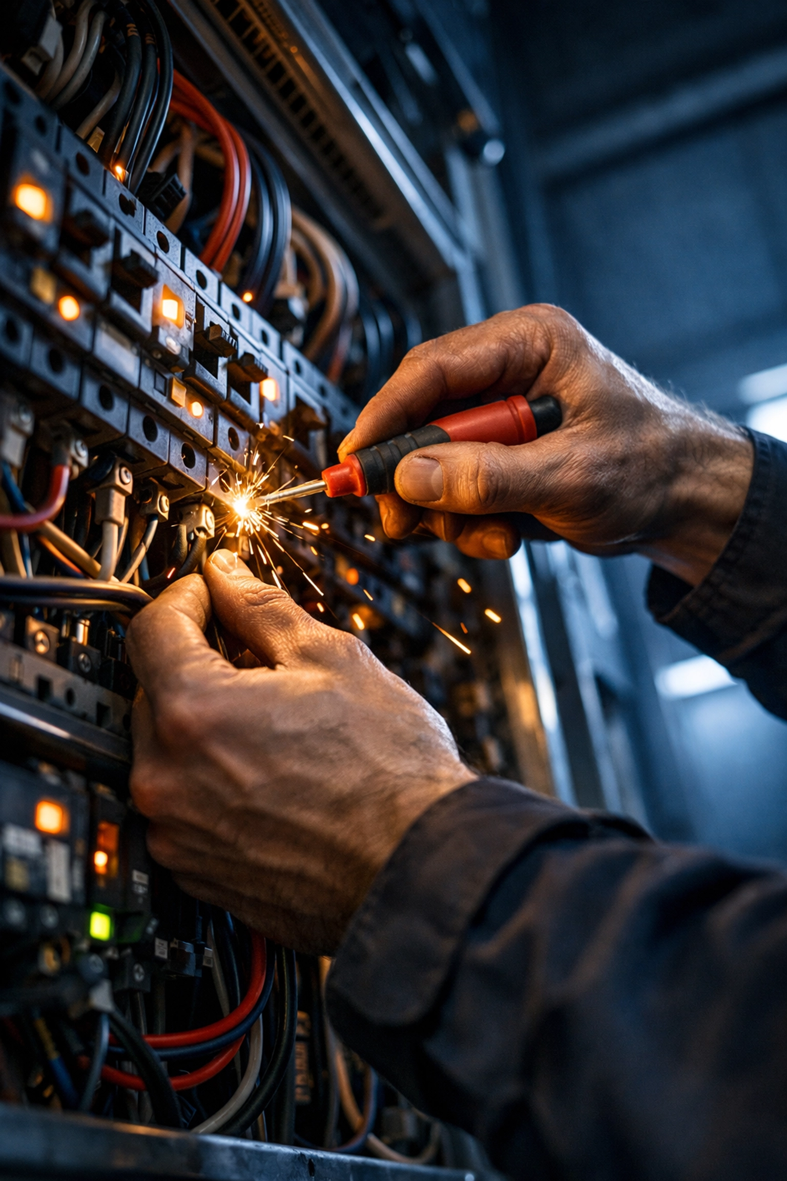 Professional electrician fixing a power panel, representing intent-based search targeting.