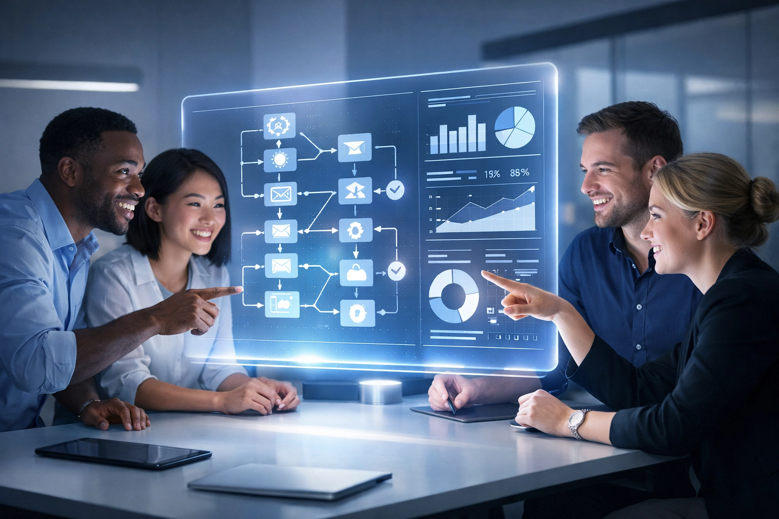 Team collaborating with automation analytics and workflow monitoring dashboards