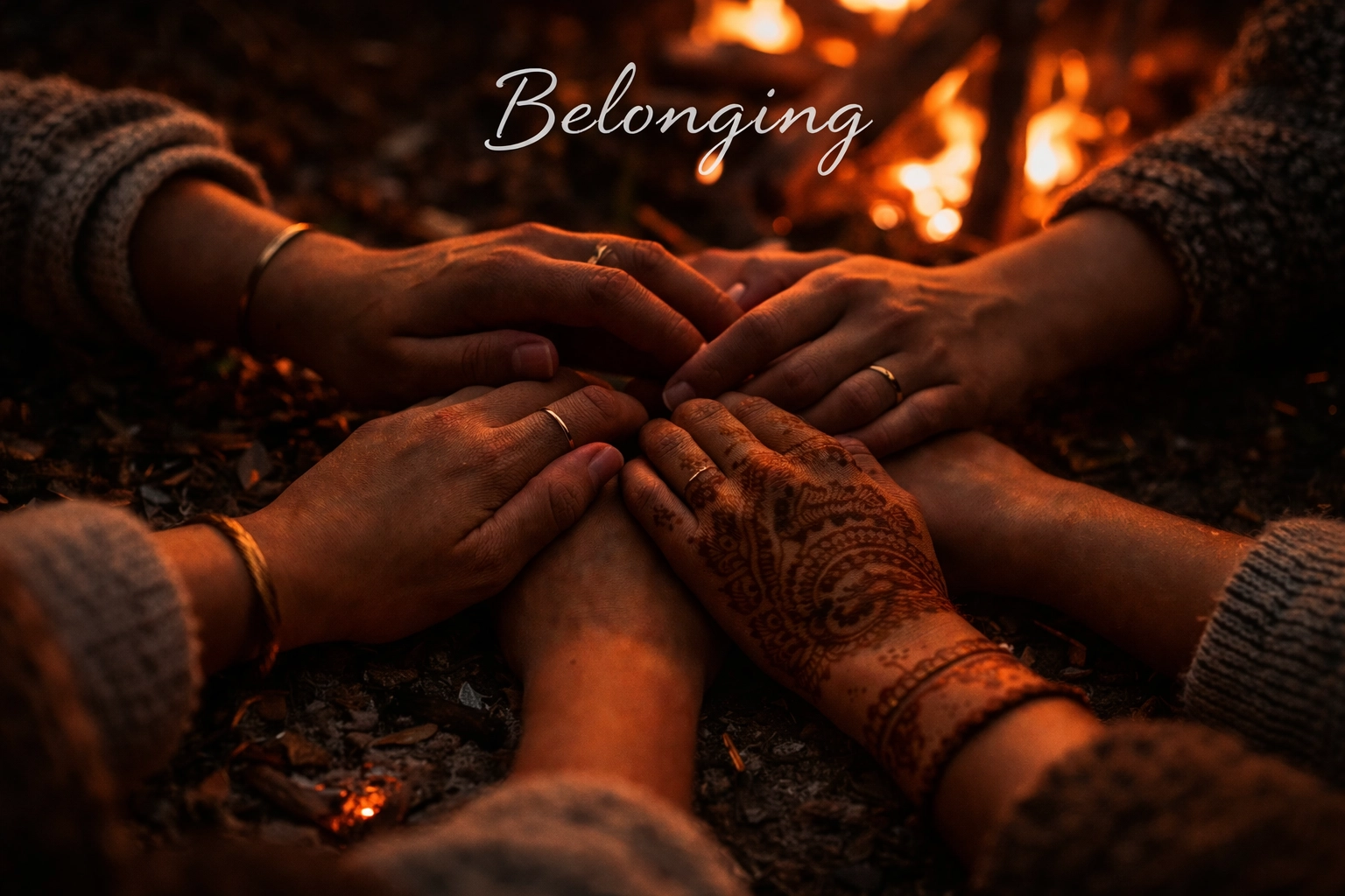 Close-up of diverse hands gently joined near a fire at night, firelight reflecting on skin, conveying belonging Close-up of diverse hands gently joined near a fire at night, firelight reflecting on skin, conveying belonging
