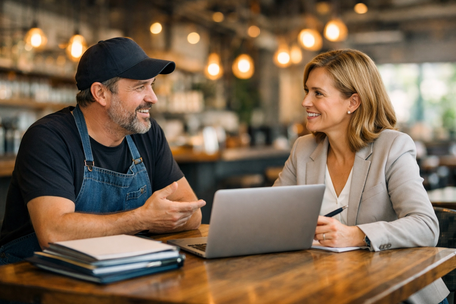 Restaurant owner reviewing general liability and restaurant insurance with a professional advisor.