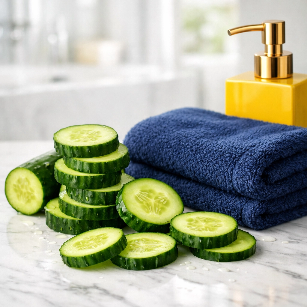 Fresh cucumber slices on a marble countertop for an eco-friendly fog-free mirror cleaning hack.