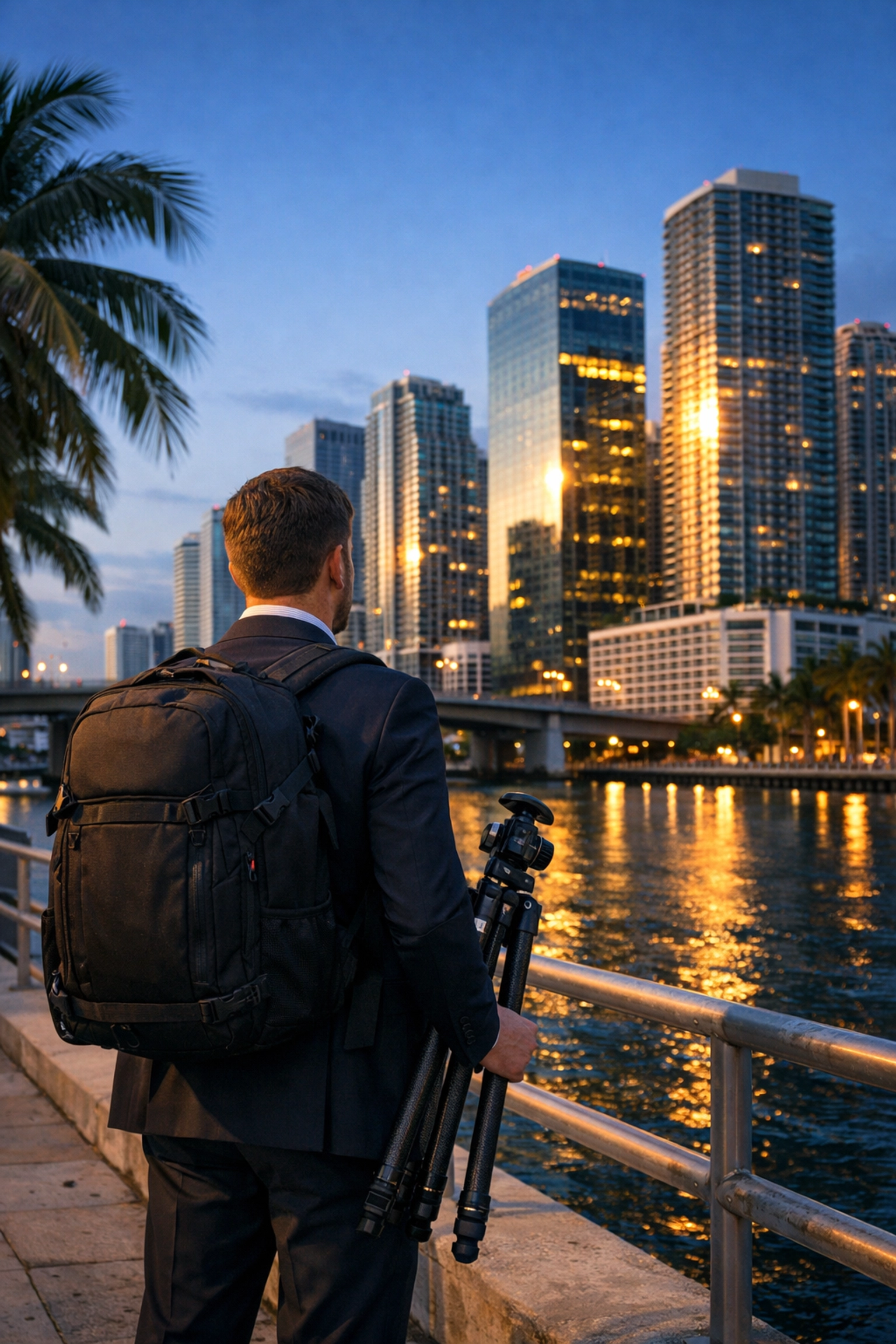 Professional commercial photographer Miami standing with gear in the Brickell financial district at sunrise.