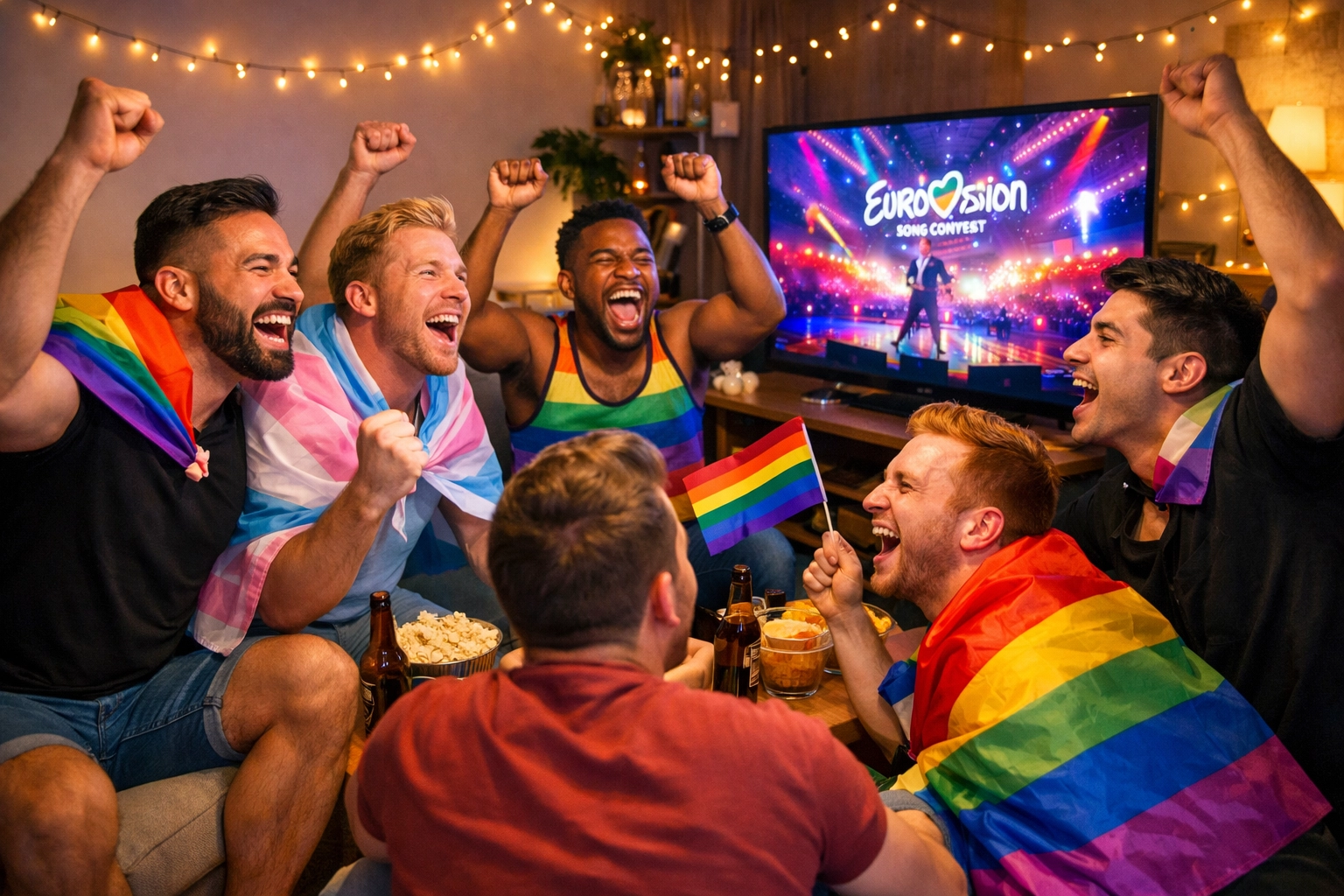 LGBTQ+ friends celebrating together at Eurovision watch party with pride flags and community joy