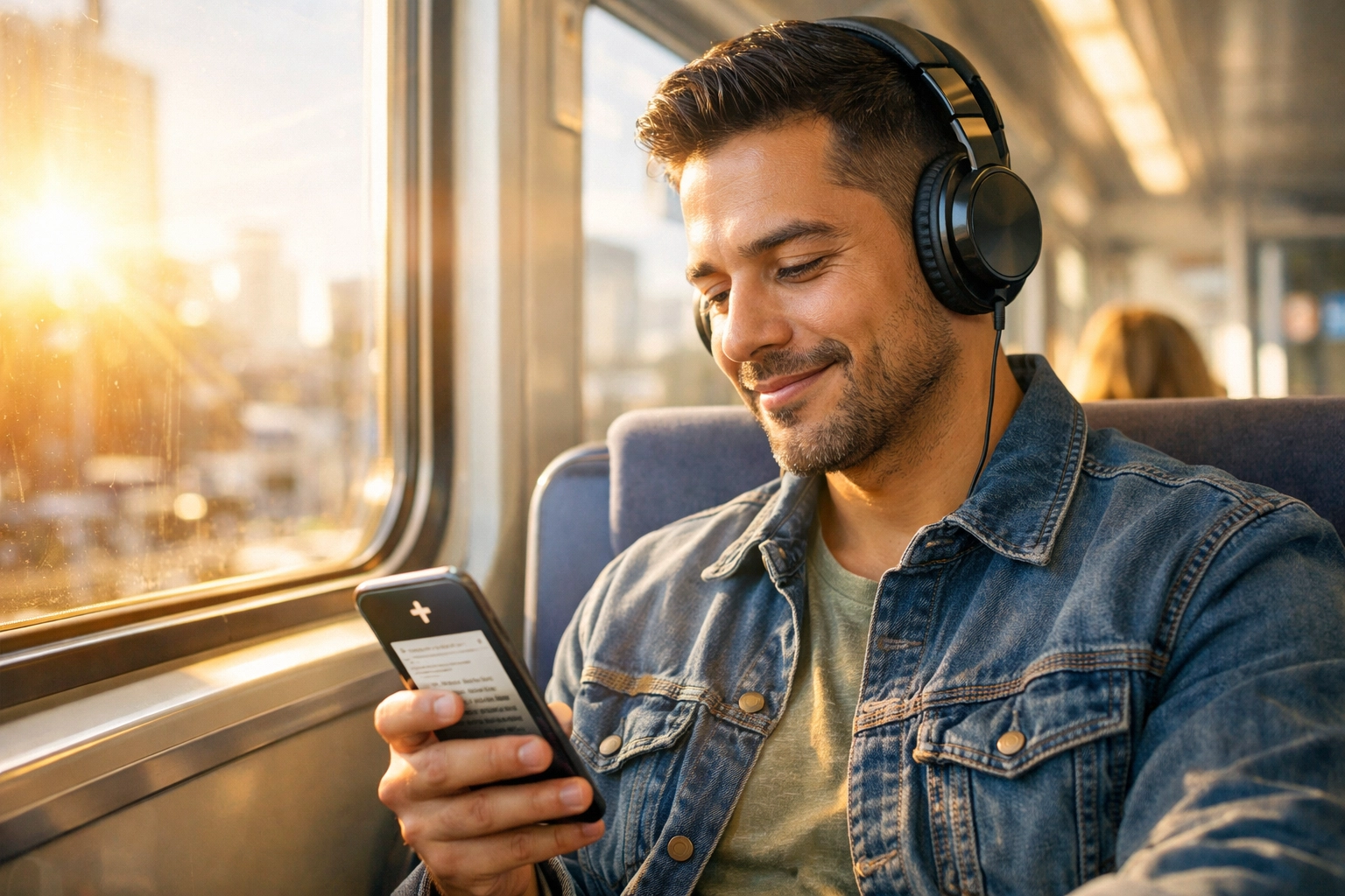 Man using a Bible app on a train to grow in faith through a daily micro-study habit.
