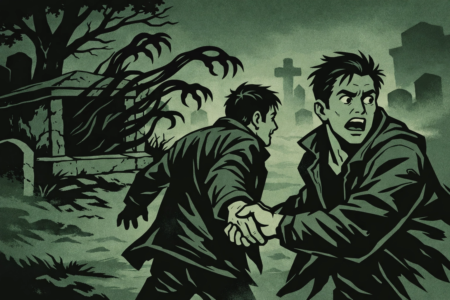 MM couple escaping supernatural danger in foggy graveyard - scary LGBTQ+ thriller illustration