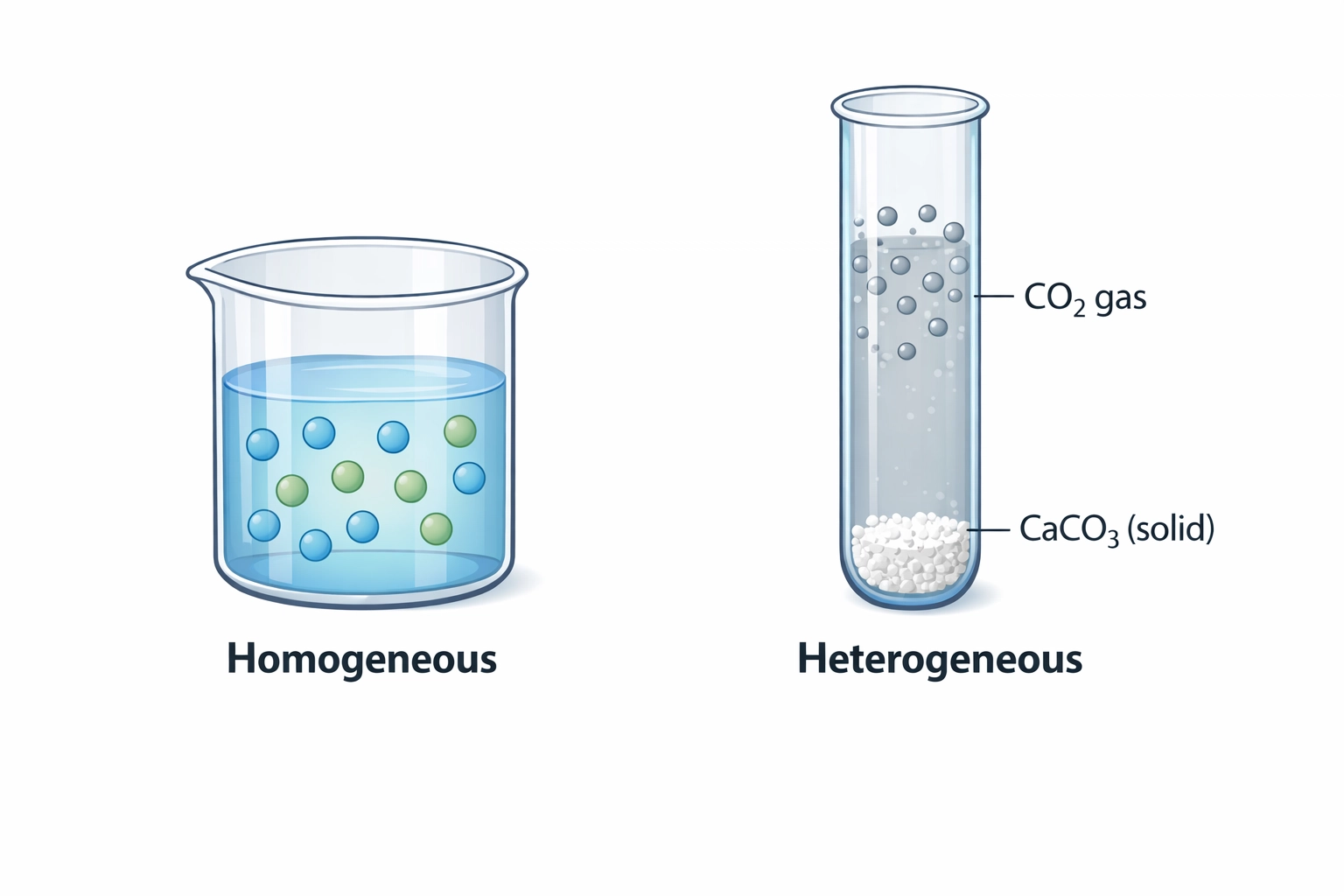 Visual comparison between homogeneous and heterogeneous equilibrium systems in chemistry glassware.