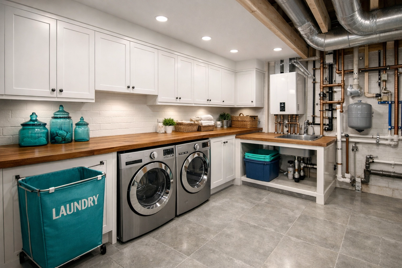 High-end Saskatoon basement laundry room layout with white shaker cabinetry and moisture-resistant tile floors.