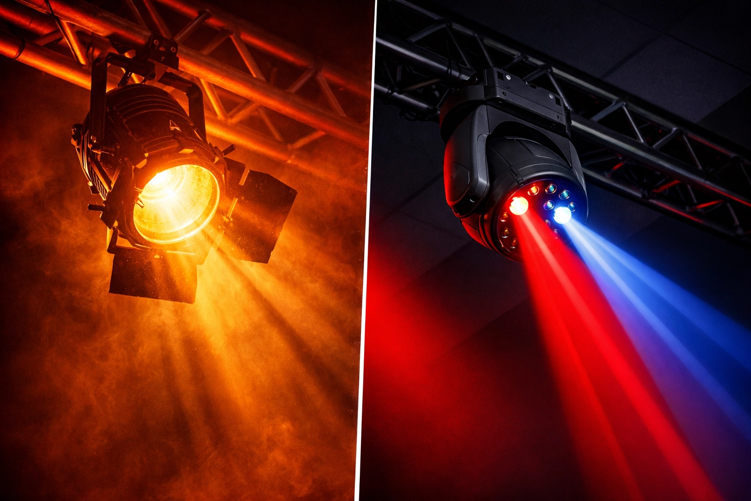Traditional halogen vs LED stage light comparison showing heat and efficiency differences